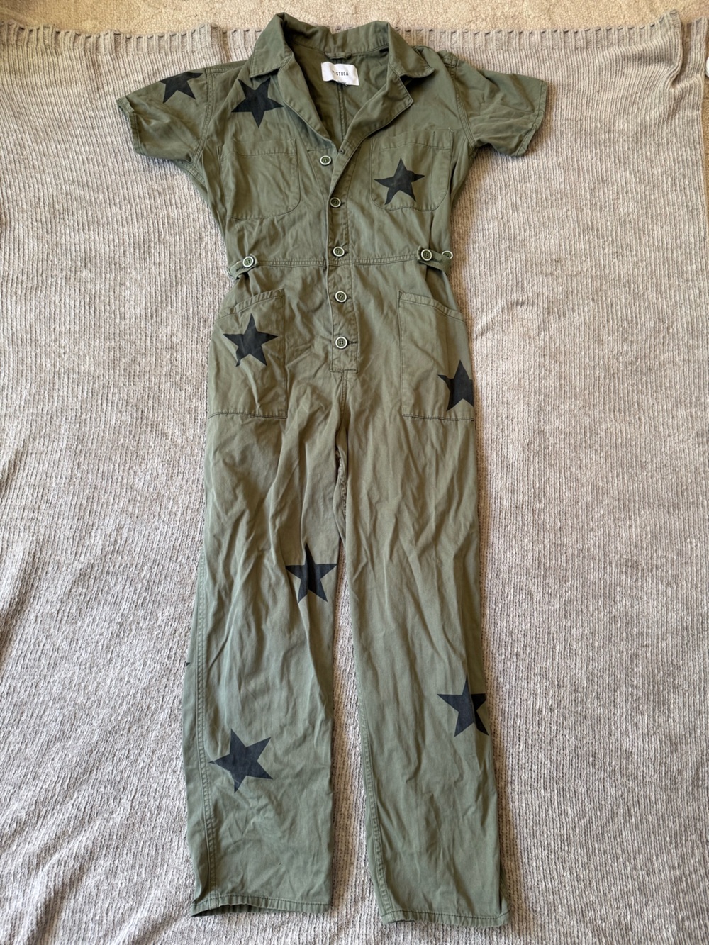 Pistola Olive Green Star Print Utility Jumpsuit Size Medium Short Sleeve Cotton